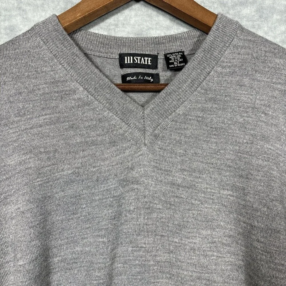 111 State Mens Sweater Sz XLT 100% Extra Fine Merino‎ Wool V Neck Gray Casual